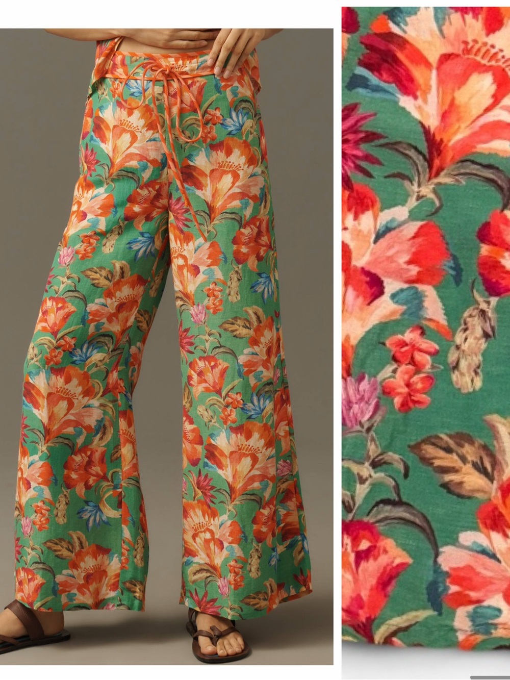 Farm Rio x Anthropologie Tie-Front Floral Linen Blend Pants Tropical Women’s M